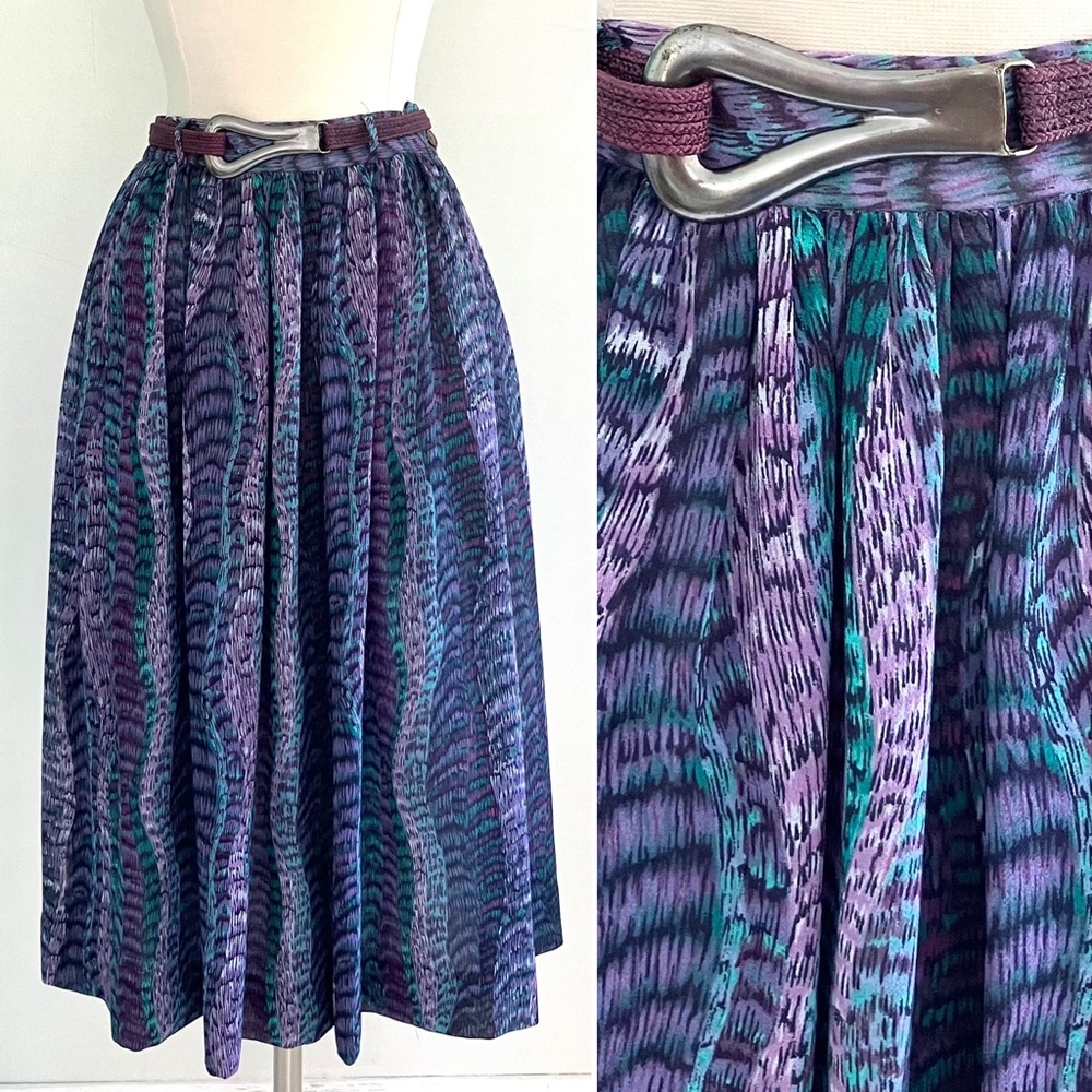 Vintage 70’s purple blue geometric pattern full skirt with belt